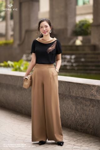 Quần suông camel xếp ly cạp QD71