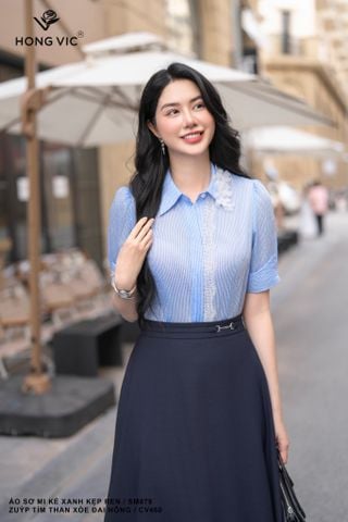 Áo sơ mi kẻ xanh kẹp ren SM879