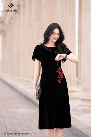 Đầm nhung đen mộc lan DL924