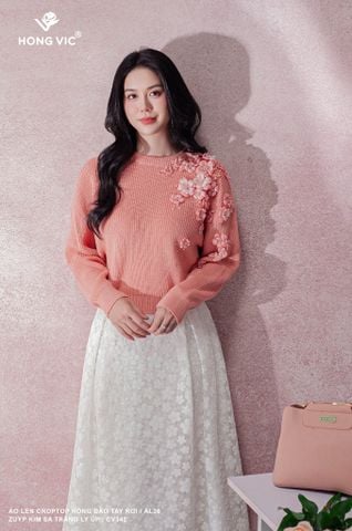 Áo len croptop hồng đào tay rơi AL36