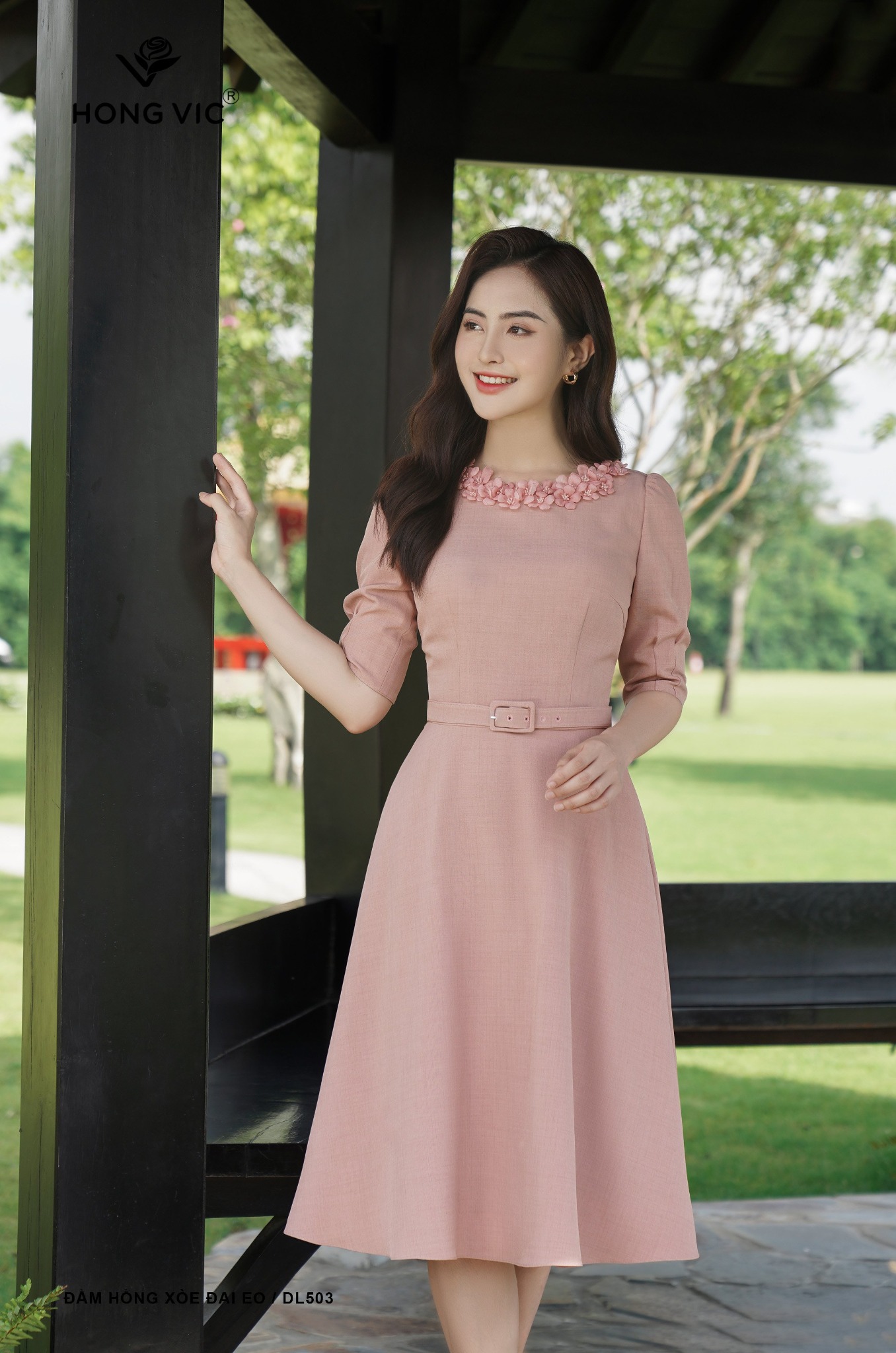 Váy hồng xòe cổ nơ tay dài V1648 DVC Fashion #17 Váy hồng xòe cổ nơ tay dài V1648 DVC Fashion