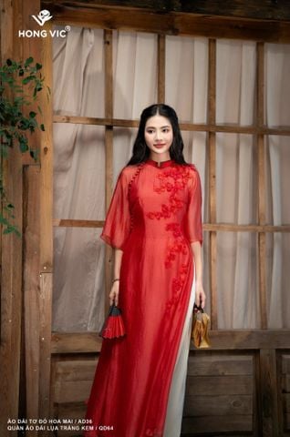 Áo dài tơ đỏ hoa mai AD36