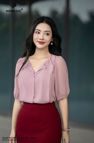 Áo sơ mi hồng đỗ xếp nếp SM706
