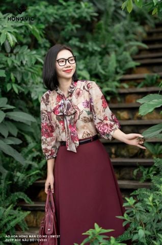 Áo hoa hồng mận cổ nơ SM727