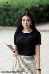 Áo cotton đen suông đính hoa đào SM513_basic