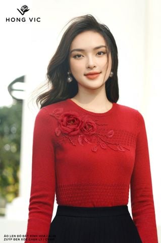 Áo len đỏ đô đính hoa AL08