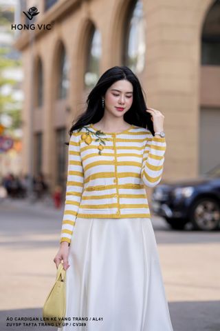 Áo cardigan len kẻ vàng trắng AL41