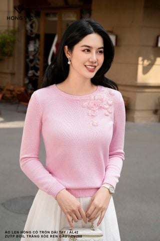 Áo len hồng cổ tròn dài tay AL42