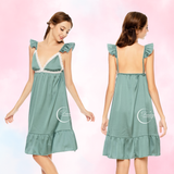  Dreamy - VX19 - Váy ngủ lụa cao cấp, váy ngủ nữ dáng xòe tay cánh tiên phối bèo có 3 màu xanh bơ, nude đồng và hồng pastel 
