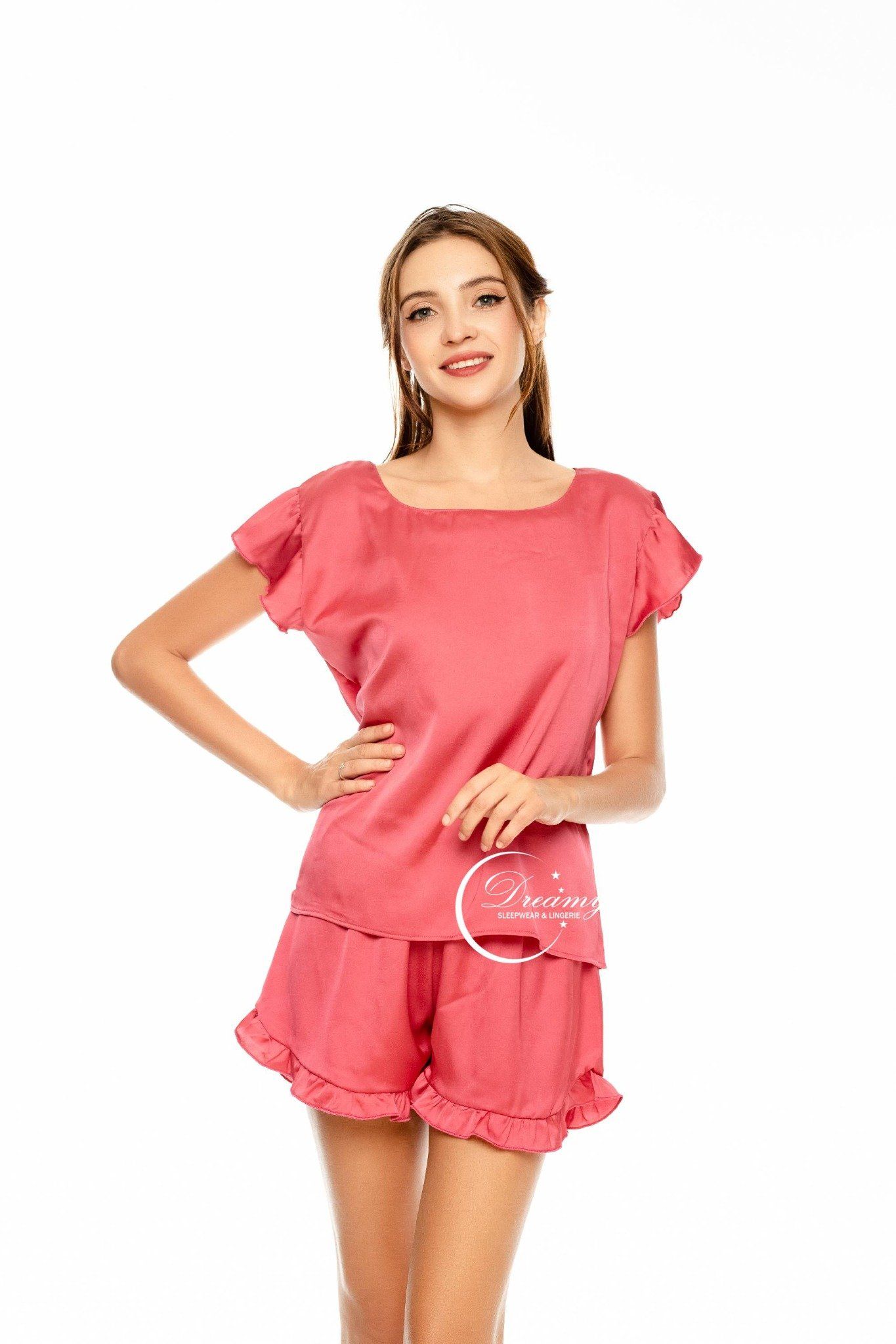  Dreamy- DN19- Đồ bộ ngủ lụa cao cấp, đồ bộ ngủ nữ trơn tay cộc phối tay bèo quần bèo màu hồng vôi 