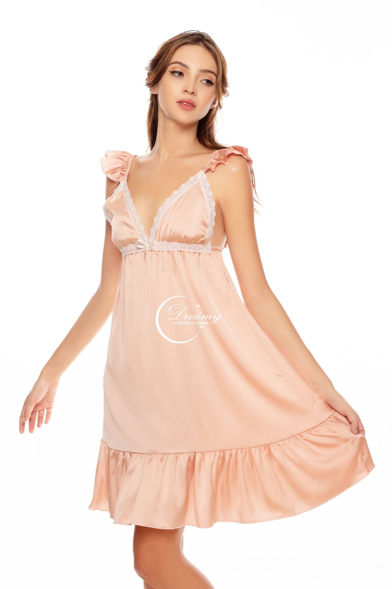  Dreamy - VX19 - Váy ngủ lụa cao cấp, váy ngủ nữ dáng xòe tay cánh tiên phối bèo có 3 màu xanh bơ, nude đồng và hồng pastel 
