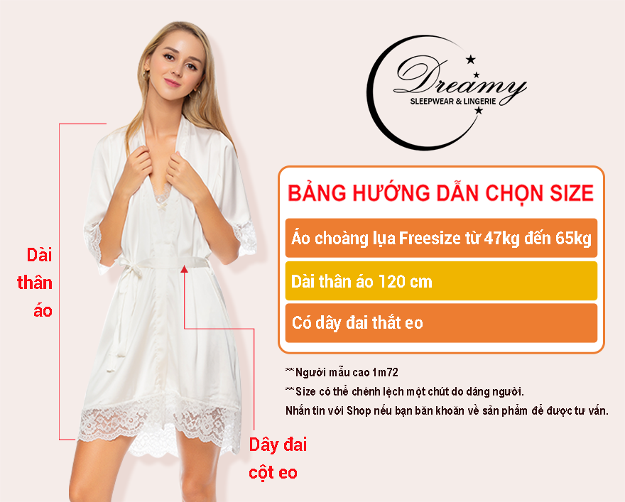  Dreamy CD02-06 Áo choàng ngủ lụa cao cấp phối ren quyến rũ kèm dây cột eo sang trọng màu trắng 