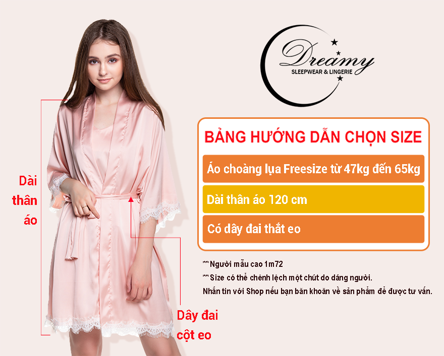  Dreamy CL03-54 Áo Choàng  Ngủ Lụa Cao Cấp Phối Ren Quyến Rũ Có Kèm Dây Cột Nơ màu hồng pastel 