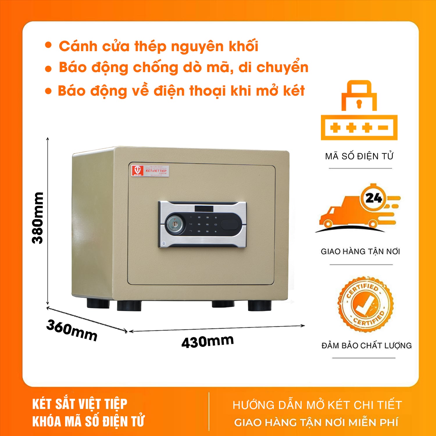 Két sắt mini chống cháy Việt Tiệp KVTSC50DT thép đúc, Kết nối điện thoại thông minh