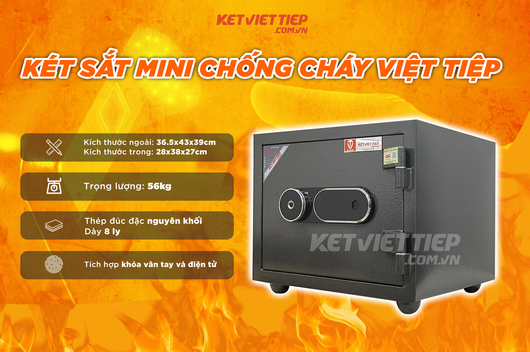 Két sắt mini chống cháy KVTSC25 khóa vân tay điện tử