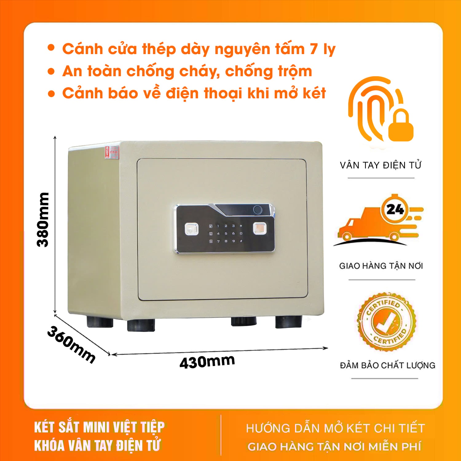 Két Sắt mini Việt Tiệp Vân tay Điện tử cao cấp SPM360VTDT, có kết nối điện thoại