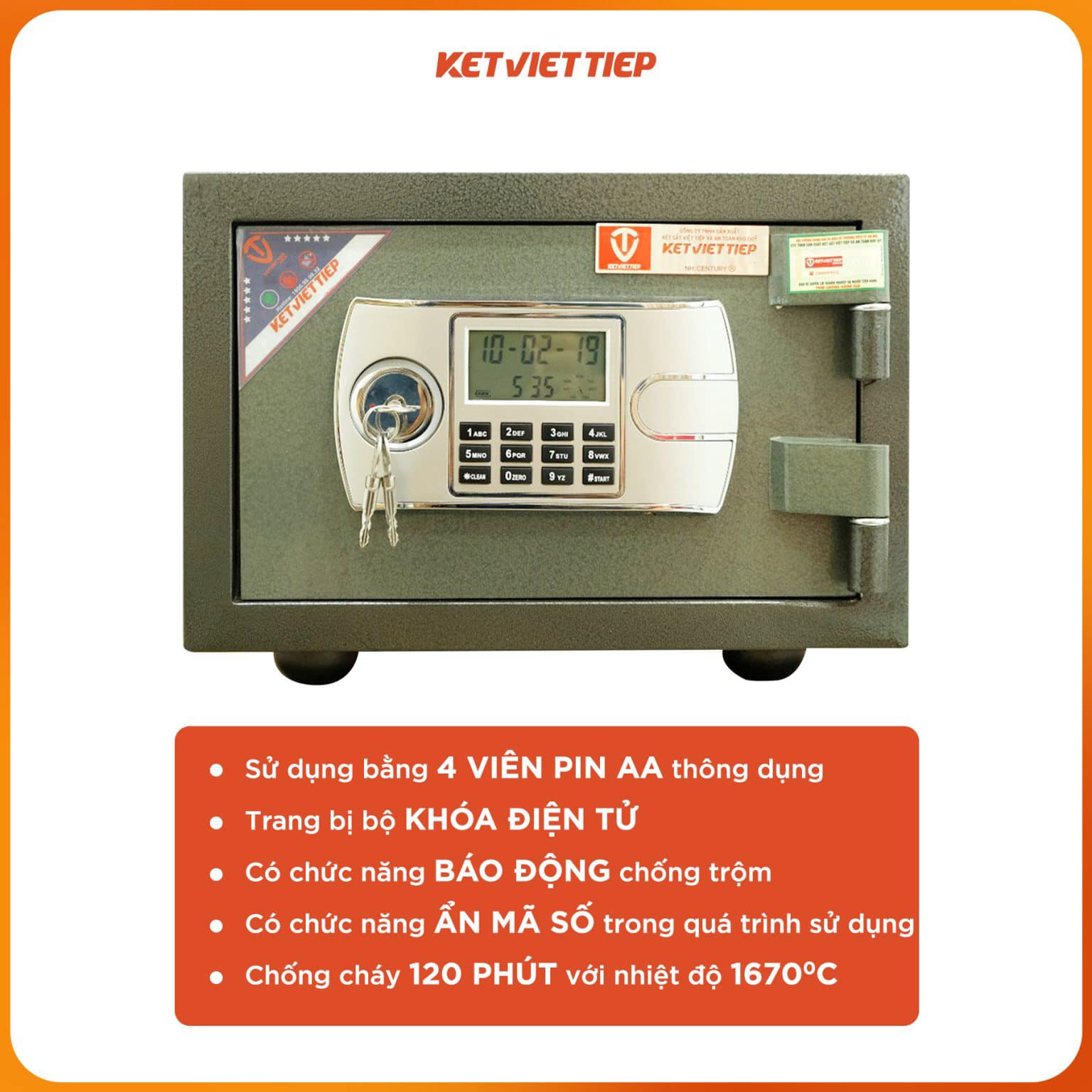 Két Sắt Mini Việt Tiệp chống cháy KVT20 Khóa Điện Tử có chuông báo động