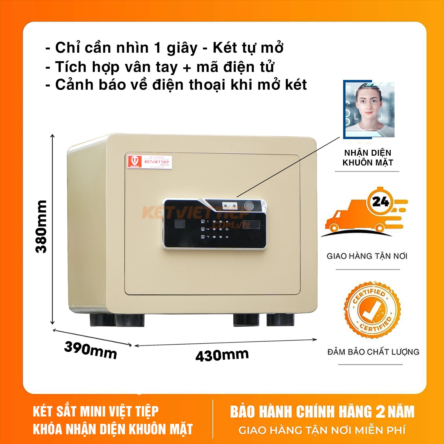 Két Sắt Mini Siêu Cường Việt Tiệp KVTSC42 khóa nhận diện khuôn mặt, cảnh báo app điện thoại