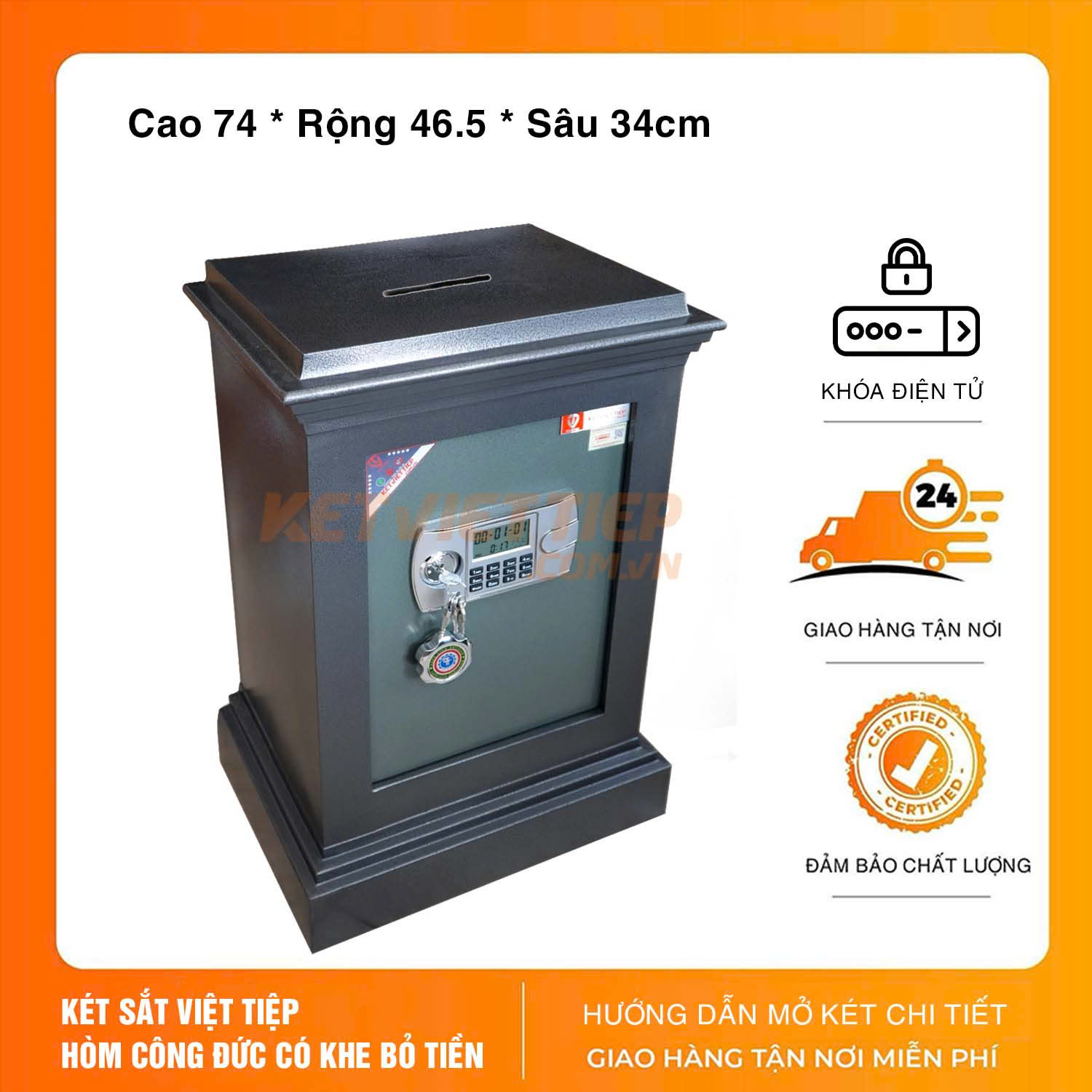 Két Sắt Công Đức mầu đỏ Có Khe Bỏ Tiền Khóa Điện Tử CĐ80 chống cậy phá