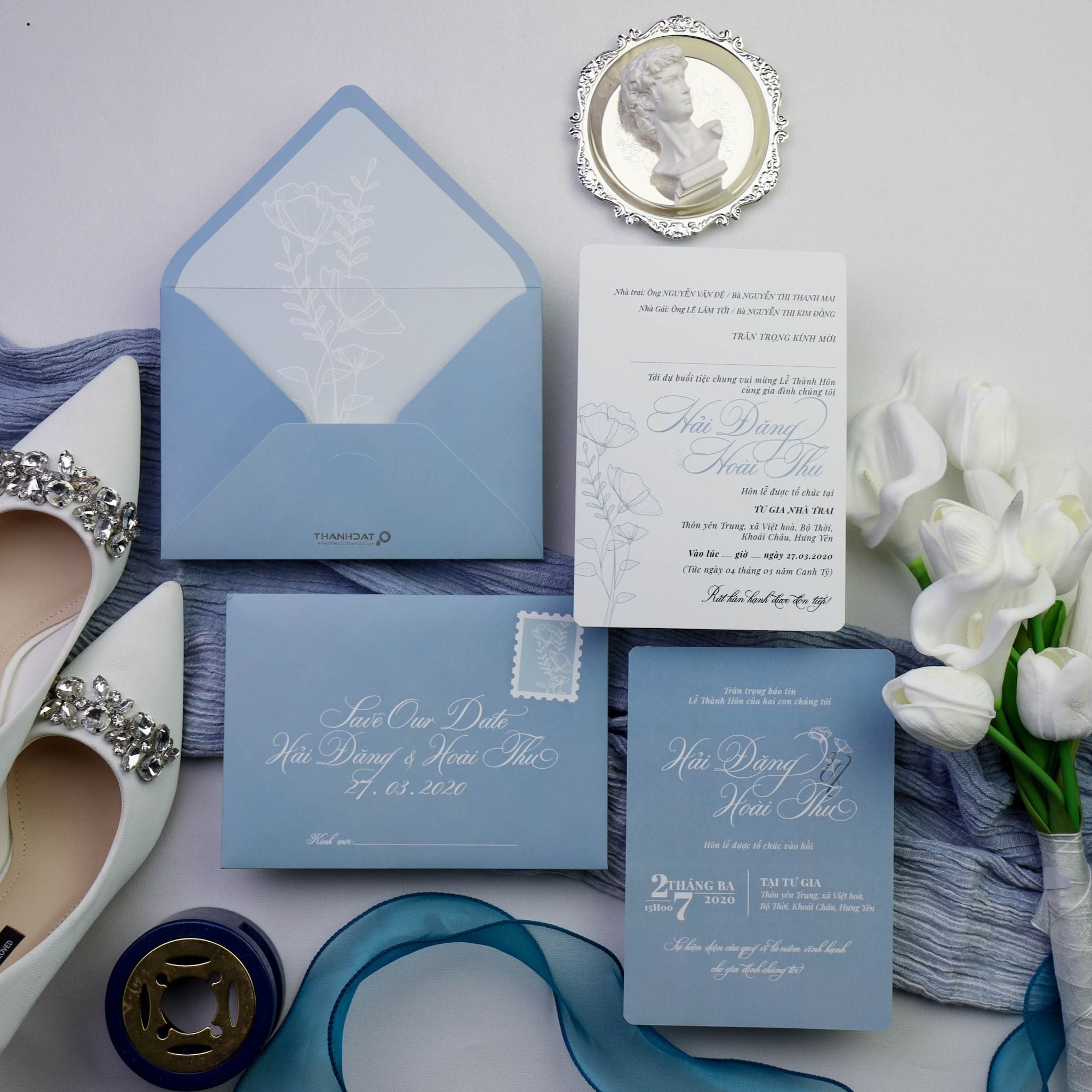  Thiệp Cưới Thanh Lịch Tông Xanh – Elegant Blue Wedding Card ∞ TD-B0049 