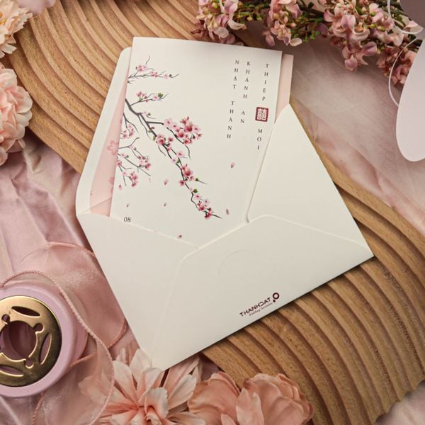 Thiệp Cưới Hoa Đào Truyền Thống Với Tone Màu Hồng Lãng Mạn ∞ TD-XD0002 