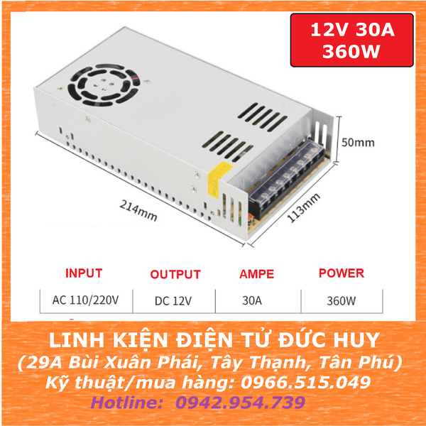 NGUỒN XUNG TỔ ONG 220VAC 12VDC 30A 360W CÓ QUẠT TẢN NHIỆT