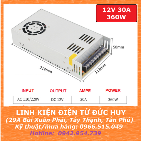 NGUỒN XUNG TỔ ONG 220VAC 12VDC 30A 360W CÓ QUẠT TẢN NHIỆT