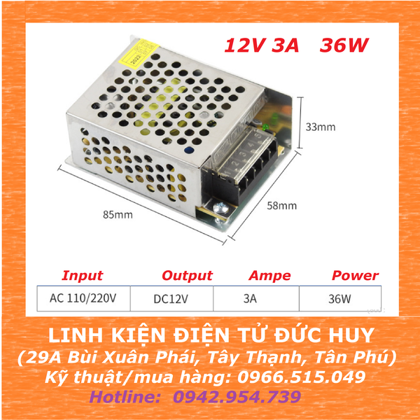 Nguồn xung tổ ong 12V 3Ampe 36W