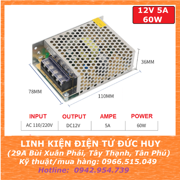 Nguồn xung tổ ong 220VAC 12VDC 5Ampe 60W