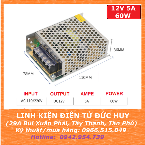 Nguồn xung tổ ong 220VAC 12VDC 5Ampe 60W