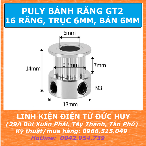 Puly 16 răng GT2 Trục 6mm