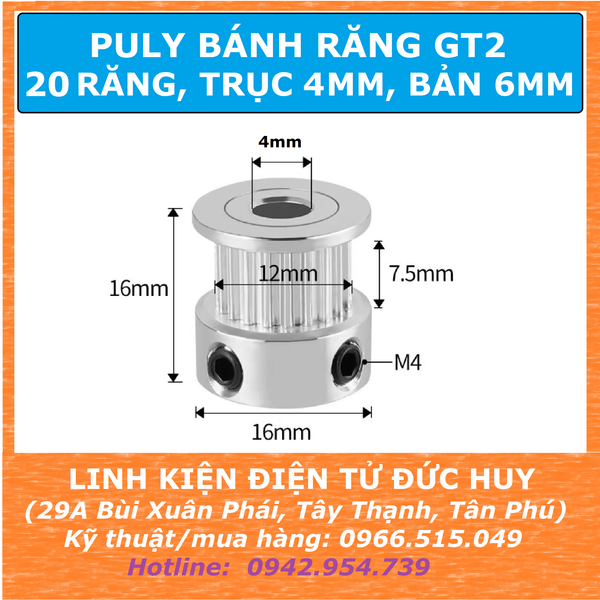 Puly bánh răng 20 răng GT2 Trục 4mm