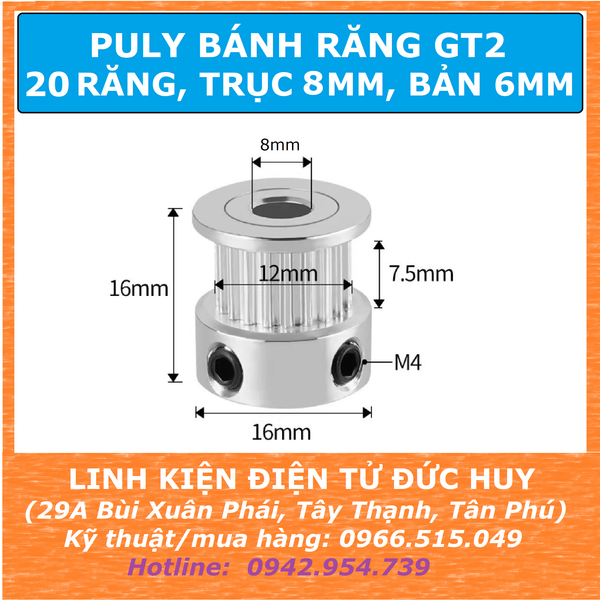 PULY BÁNH RĂNG GT2 20 RĂNG TRỤC  4  5  6  8MM