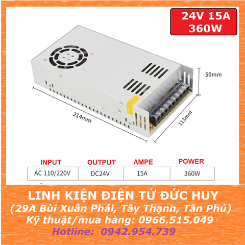 NGUỒN XUNG TỔ ONG 220VAC 24VDC 15A 360W CÓ TẢN NHIỆT