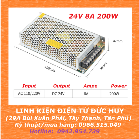 Nguồn xung DC tổ ong 220VAC 24VDC 8A 200W