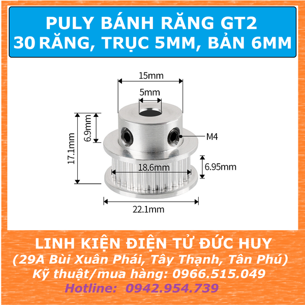 Puly bánh răng 30 răng GT2 Trục 5mm