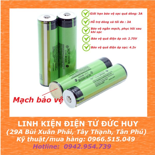 Pin sạc 18650 Panasonic 3400mah, đầu lồi có mạch bảo vệ