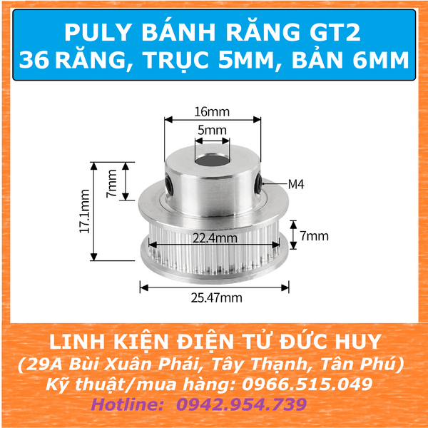 Puly 36 răng GT2 đường kính ngoài 26mm Trục 5mm