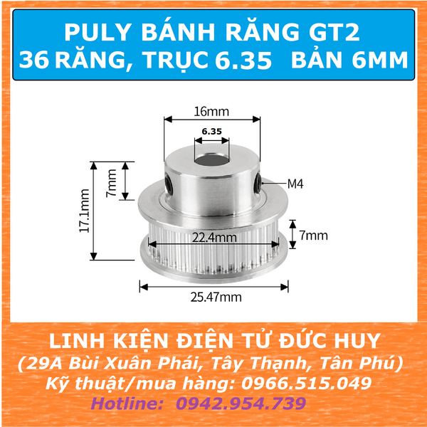 Puly bánh răng GT2 36 răng Trục 6.35mm