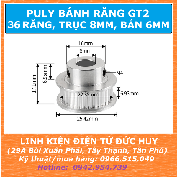 Puly bánh răng GT2 36 răng Trục 8mm