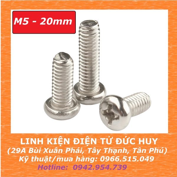 Bulong đầu tròn M5, 20mm, Inox 304