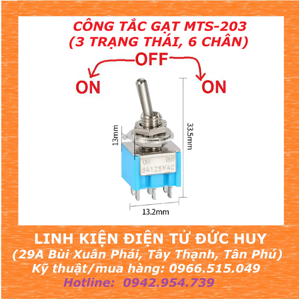 CÔNG TẮC GẠT MTS 203  3 TRẠNG THÁI, 6 CHÂN