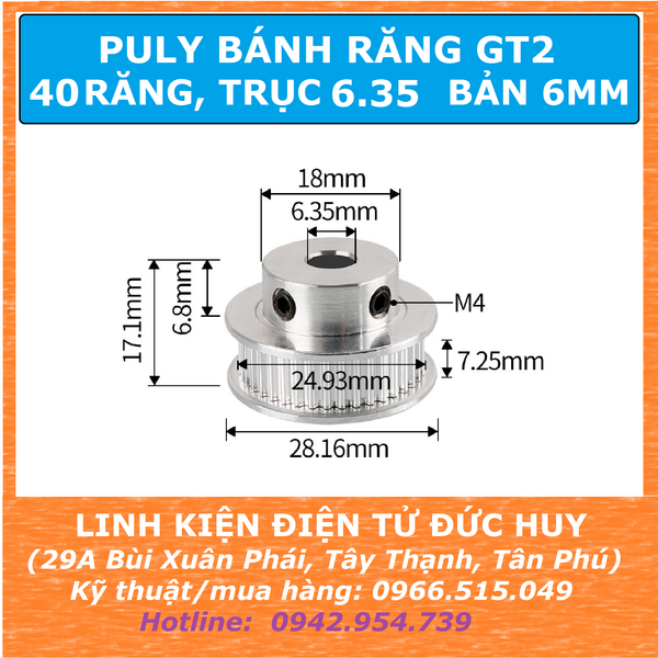Puly bánh răng GT2 40 răng Trục 6.35mm