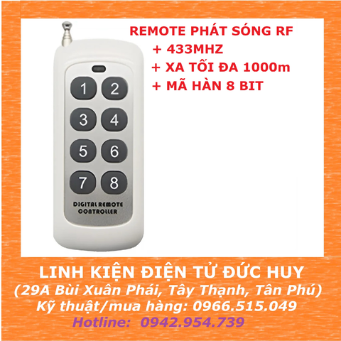 Remote RF 8 nút, 433mhz, xa 1000m, mã hàn 8 bit