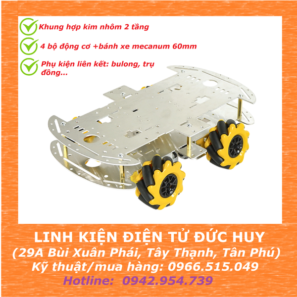 Bộ xe robot 4 bánh 2 tầng, khung kim loại, bánh xe mecanum 60mm