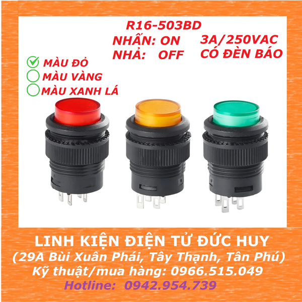 R16-503BD nút nhấn nhả phi 16 - ĐỎ - Có đèn báo