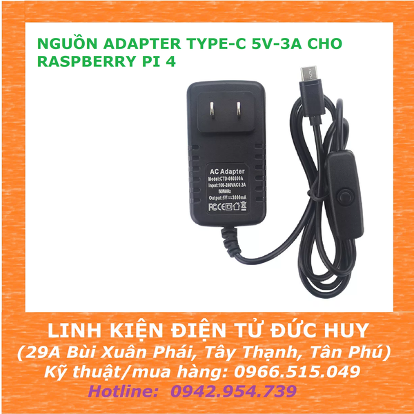 NGUỒN ADAPTER 5V 3A TYPE-C CHO RASPBERRY PI 4 4B ( CÓ CÔNG TẮC)