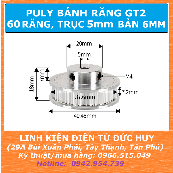 Puly bánh răng nhôm 60 răng GT2 trục 5mm bản rộng 6mm