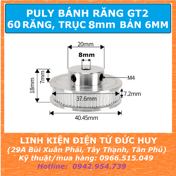 PULY NHÔM 60 RĂNG GT2 TRỤC 8MM  BẢN RỘNG 6MM