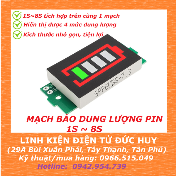 MẠCH BÁO DUNG LƯỢNG PIN, 1S - 8S, TẤT CẢ TRONG MỘT - MÀU XANH LÁ CÂY